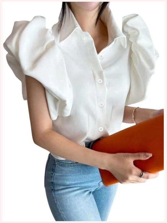 Tops - Short Puffy Sleeve Button Down Blouse Business Casual Summer Work Top